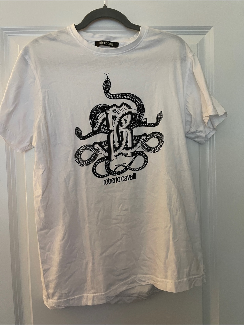 Roberto Cavalli White Tee with Black Snake Emblem